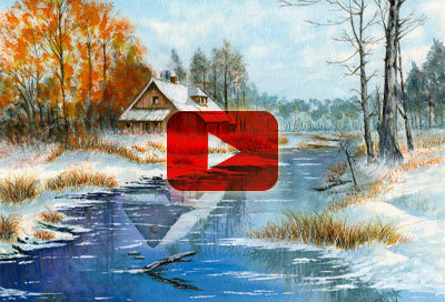 How to Paint a winter Landscape, snow, tree, river and reflection in watercolour.